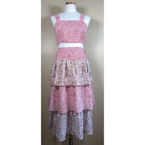 HOUSE OF HARLOW Pink Floral Cotton Smocked Crop Top Tiered Maxi Skirt Set Small